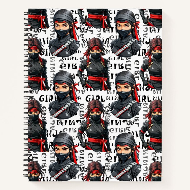 Ninja-Mädchen Anime mit Textmuster-Design Notizbuch (Vorderseite)