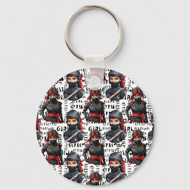 Ninja-Mädchen Anime mit Textmuster-Design Schlüsselanhänger (Vorderseite)