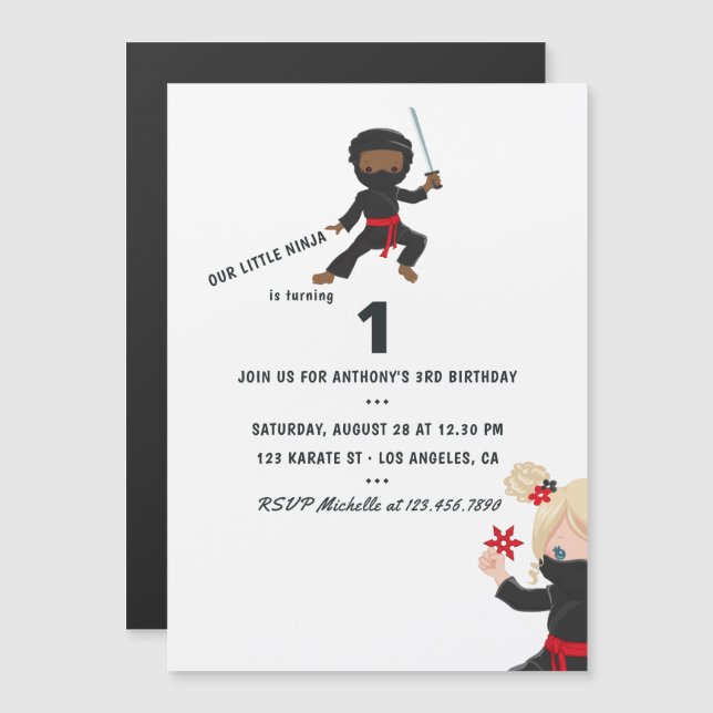 Ninja themed Birthday Party Magneteinladung (Vorne/Hinten)