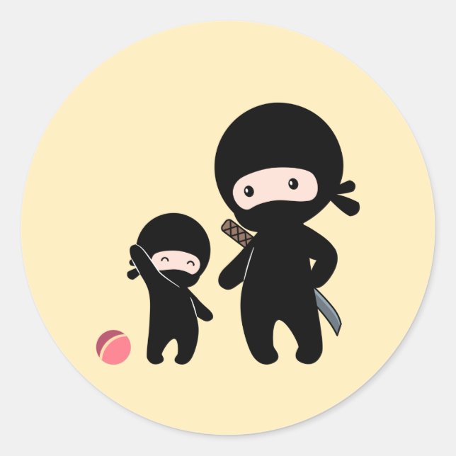 Ninja Vater und Kind auf Gelb Runder Aufkleber (Vorderseite)