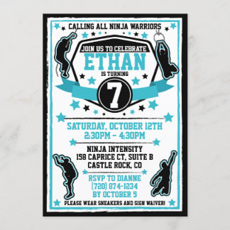 Ninja Warrior Boy Geburtstagsparty Black & Aquamar Einladung