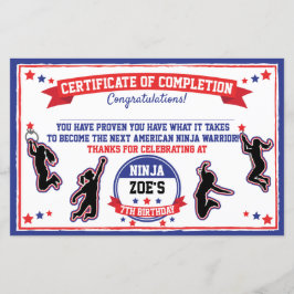 Ninja Warrior Girl Party Certificate of Completion