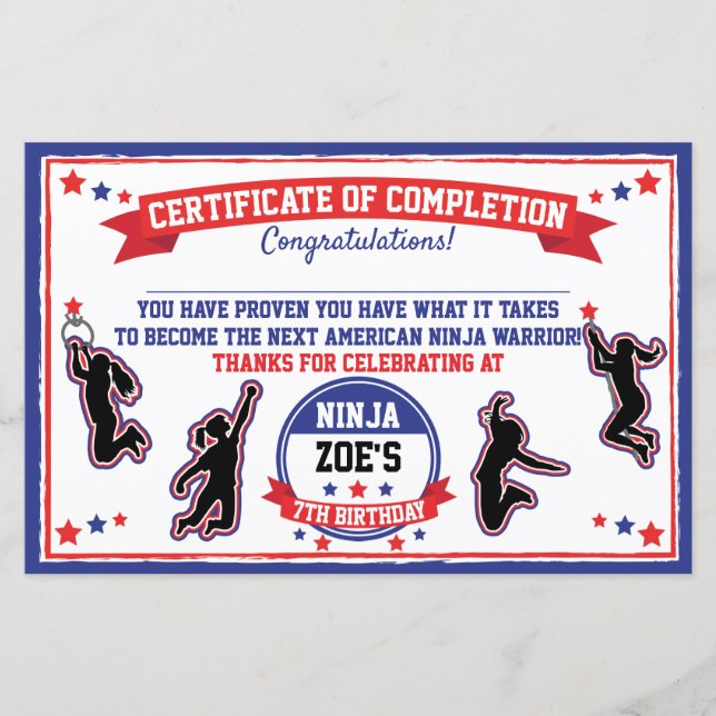 Ninja Warrior Girl Party Certificate of Completion (Vorderseite)