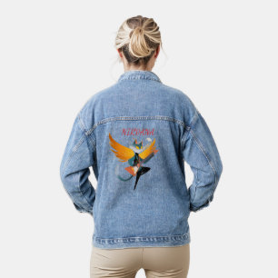 Nirvana-Katze mit Gitarre und Flügeln – Damen-Deni Jeansjacke