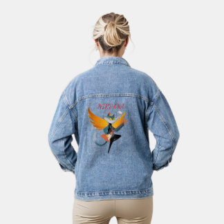 Nirvana-Katze mit Gitarre und Flügeln – Damen-Deni Jeansjacke