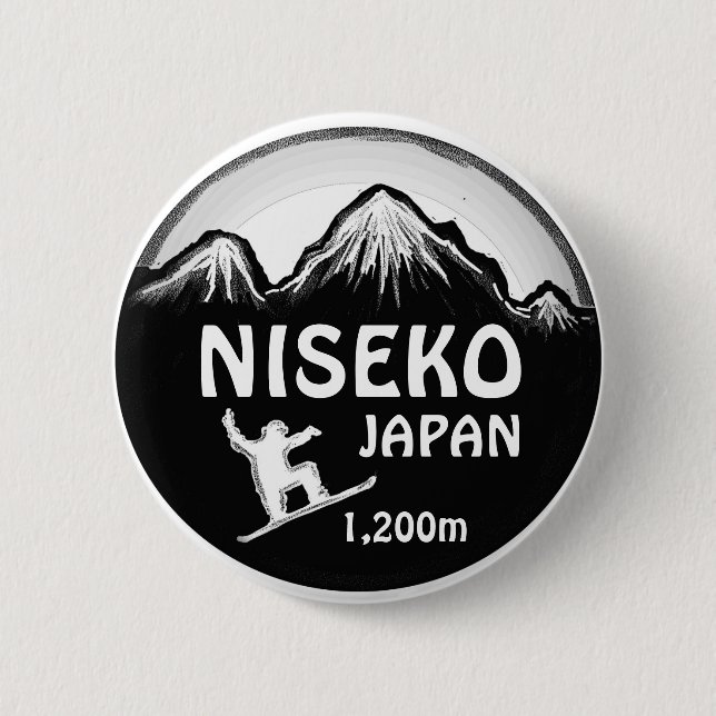 Niseko Japan Schwarz-weißer Snowboard-Kunstknopf Button (Vorderseite)