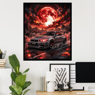 Nissan Skyline R34 unter einem karmesinroten Mond Poster