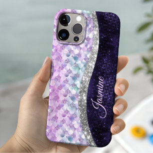 Nixen-Haut lila Silber-Faux-Glitter-Monogramm Case-Mate iPhone 14 Hülle