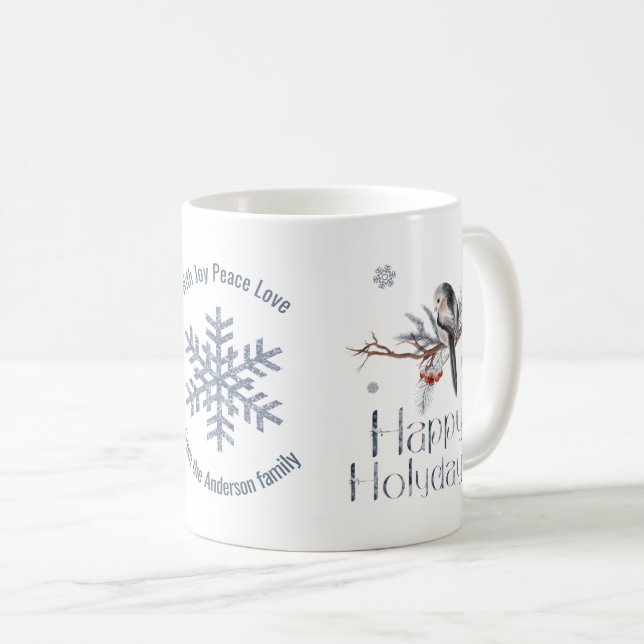 Nizza Vogel an einem Zweig. Rote Berries. Happy Ho Kaffeetasse (VorderseiteRechts)