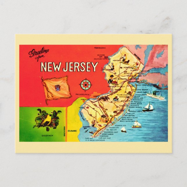 NJ Map of Beaches Bordered Postcard Postkarte (Vorderseite)