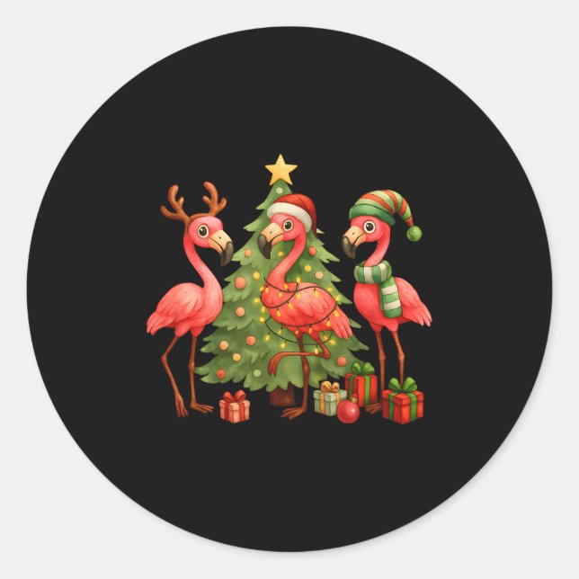 Nk Christmas Flamingos _ Cute Holiday Tree &amp; D Runder Aufkleber (Vorderseite)