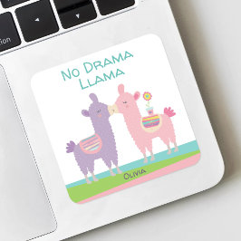 No Drama Llama Pink Lila Türkis Namensschule Quadratischer Aufkleber