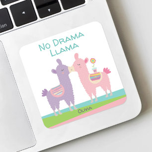 No Drama Llama Pink Lila Türkis Namensschule Quadratischer Aufkleber