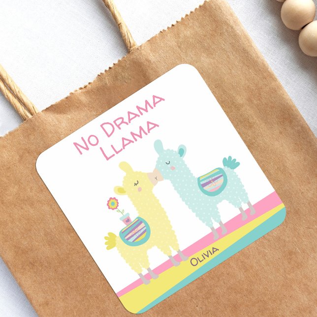 No Drama Llama Pink Yellow Turquoise Name School Quadratischer Aufkleber (Von Creator hochgeladen)