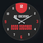 No Excuses Just Results Black Fitness Große Wanduhr<br><div class="desc">Stay motivated every day with this bold No Excuses Just Results wall clock. Designed with a clean black background, strong red motivational text, and a mix of black and red numbers, this clock creates a powerful and energetic fitness aesthetic. The phrase “NO EXCUSES JUST RESULTS” stands proudly in the center,...</div>
