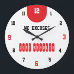 No Excuses Just Results Fitness Große Wanduhr<br><div class="desc">Stay motivated every day with this bold No Excuses Just Results wall clock. Designed with a clean white background, strong red motivational text, and a mix of black and red numbers, this clock creates a powerful and energetic fitness aesthetic. The phrase “NO EXCUSES JUST RESULTS” stands proudly in the center,...</div>