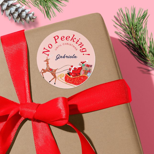 No Peeking Pink Vintage Weihnachten Runder Aufkleber (No Peeking Pink Vintage Christmas Santa Sleigh Classic Round Sticker)