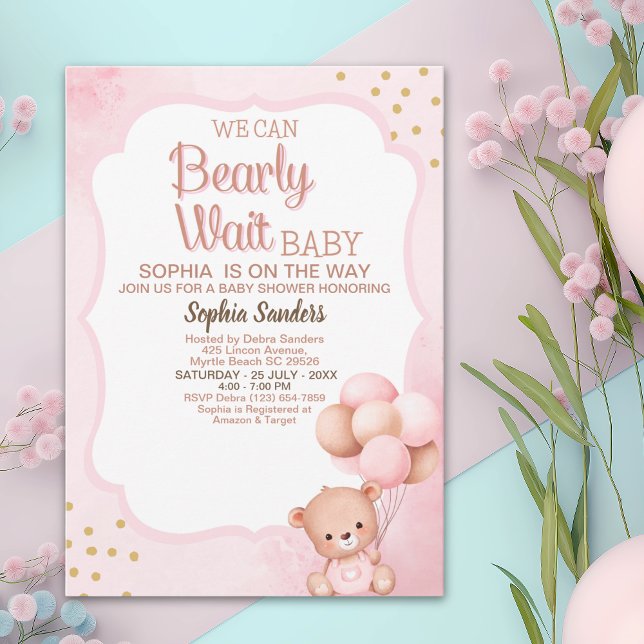 No podemos esperar mas Lindo oso Rosa Baby shower Einladung (Von Creator hochgeladen)