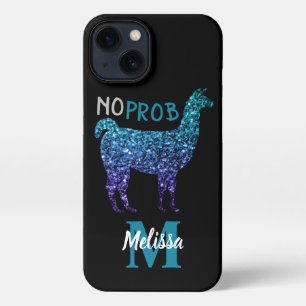 No Prob Llama Aqua blue ombre Glitzern Monogram iPhone Hülle