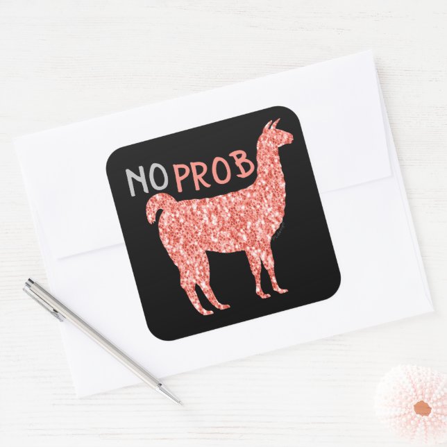 No Prob Llama rosa Korallenbäume Glitzer Glitzern  Quadratischer Aufkleber (Umschlag)