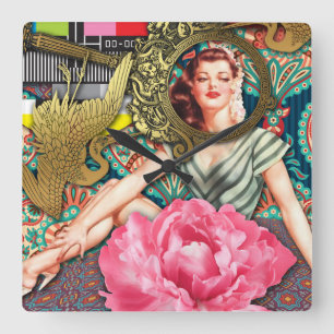 No-Signal - Cheeky Lady Digital Collage Quadratische Wanduhr
