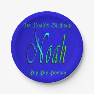 Noah, Name, Logo, Blue Birthday Paper Plate. Pappteller