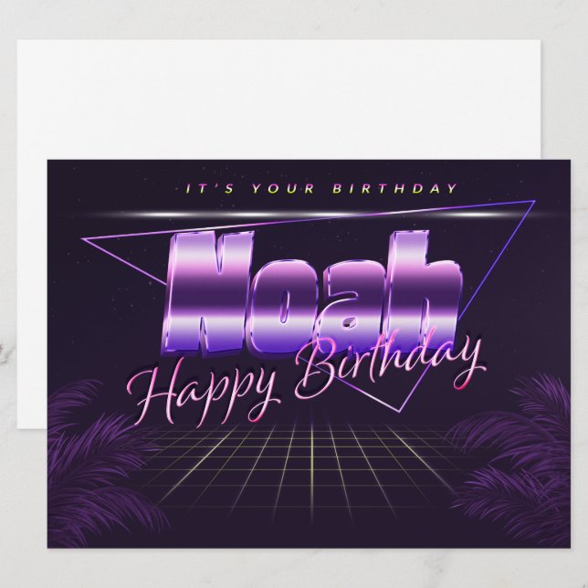 Noah Nom prénom carte rétro lilas pour anniversair (Devant / Derrière)