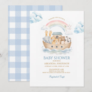Noahs Arche Blau Gingham Tier Baby-Party Einladung