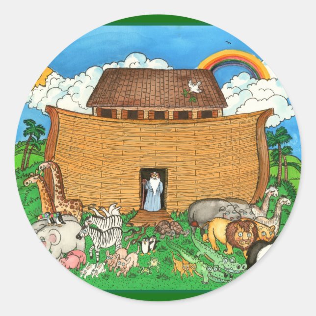 Noahs Arche mit Regenbogen Runder Aufkleber (Vorderseite)