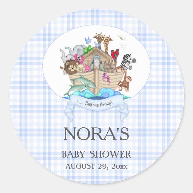 Noahs Arche-Tier-Blau-Gingham Runder Aufkleber (Vorderseite)