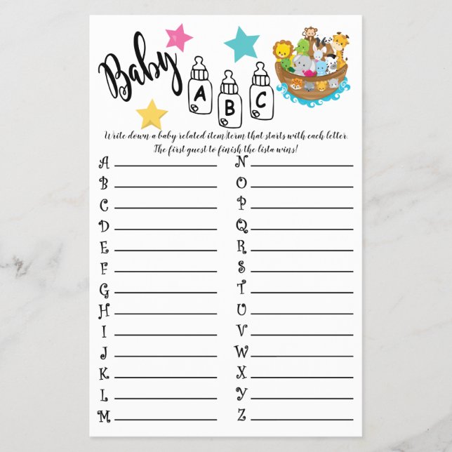 Noah's Ark ABC Baby Shower Game Card Flyer (Vorne)