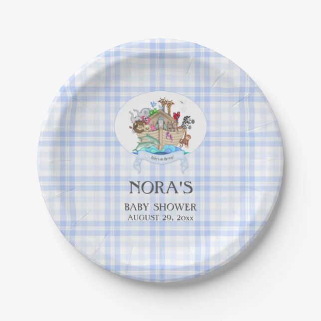 Noah's Ark Animals Blue Gingham Pappteller (Vorderseite)