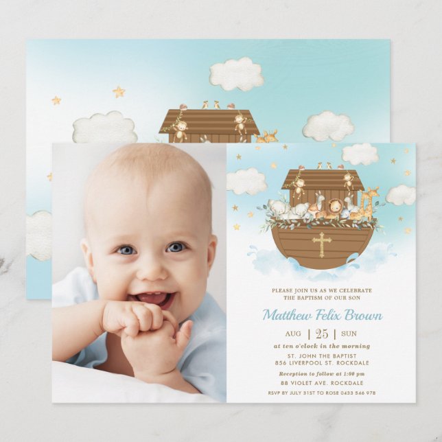 Noah's Ark Animals Boy Taufe Christening Foto Einladung (Vorne/Hinten)