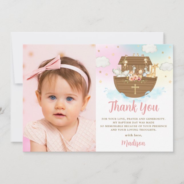 Noahs Ark Animals Girl Taufe Christening Foto Dankeskarte (Vorderseite)