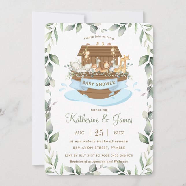 Noah's Ark Animals Greenery Blue Boy Baby Shower Einladung (Vorderseite)