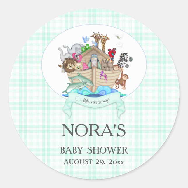 Noahs Ark Animals Mint Gingham Runder Aufkleber (Vorderseite)