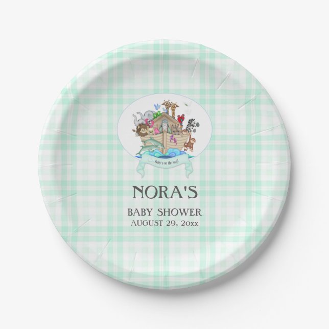 Noahs Ark Animals Mint Green Gingham Pappteller (Vorderseite)