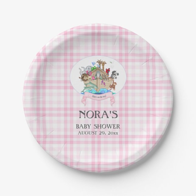 Noah's Ark Animals Pink Gingham Pappteller (Vorderseite)
