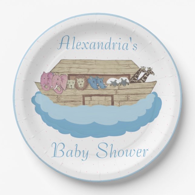 Noah's Ark Baby Boy Blue Baby Shower Pappteller (Vorderseite)