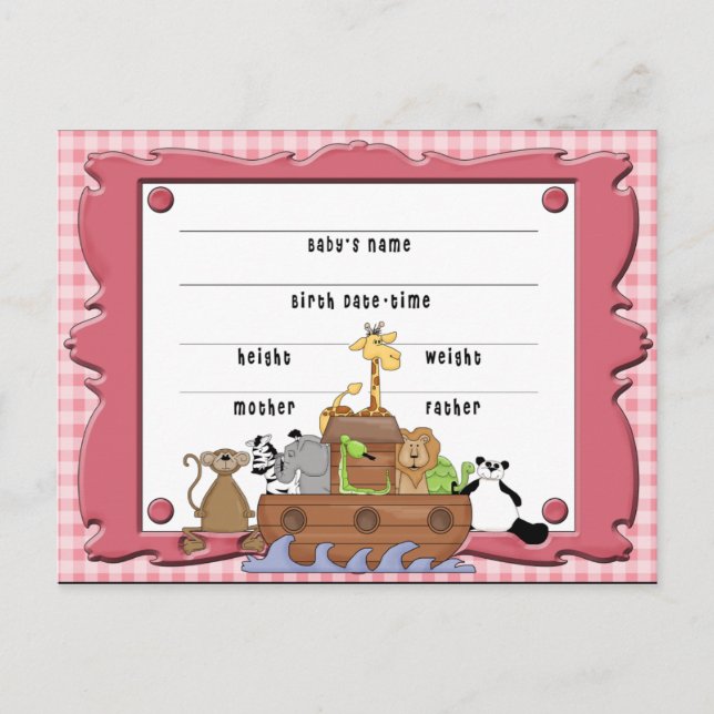 Noah's Ark Baby Girl Birth Certificate Postcard Postkarte (Vorderseite)