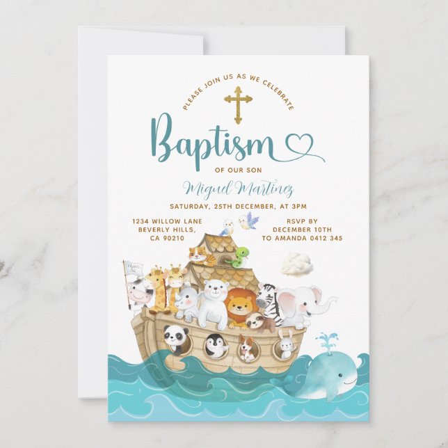 Noah's Ark Baptism Christening Adventure Cross Einladung (Vorderseite)