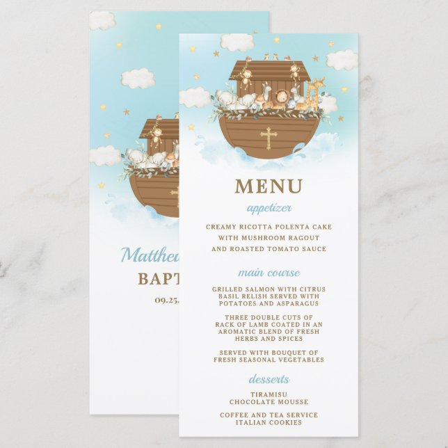 Noah's Ark Blue Baptism Birthday Baby shower Menu (Devant / Derrière)