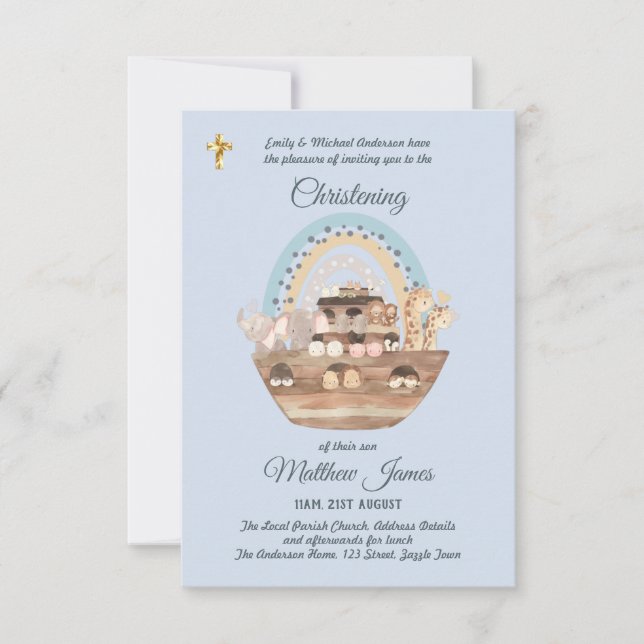 Noahs Ark Blue Boys Christening laden zur Taufe ei (Vorderseite)
