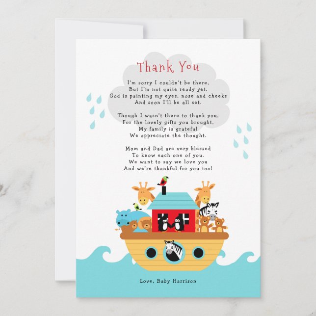 Noah's Ark Danke Notiz mit Gedicht| Babydusche Einladung (Vorderseite)
