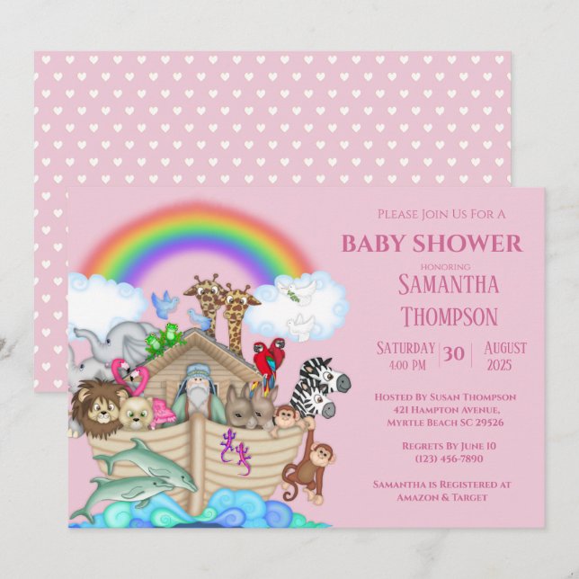 Noah's Ark Girls Baby Shower Einladung (Vorne/Hinten)
