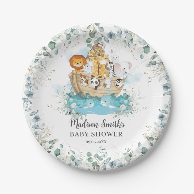 Noah's Ark Greenery Gender Neutral Baby Dusche Pappteller (Vorderseite)
