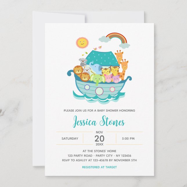 Noah's Ark Niedlich Baby Shower Einladung / Taufe (Vorderseite)