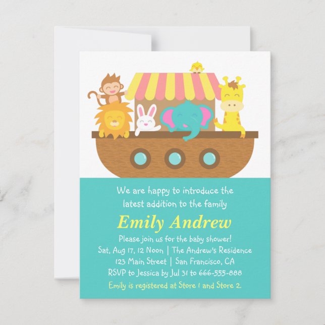 Noah's Ark, Niedliche Tiere, Babydusche Einladung (Vorderseite)