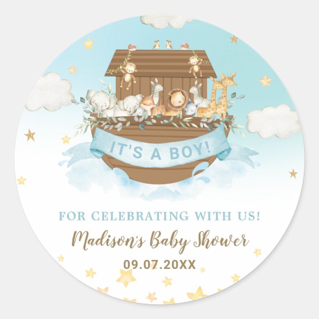 Noah's Ark Niedlicher Tiere Boy Baby Shower Blue Runder Aufkleber (Vorderseite)