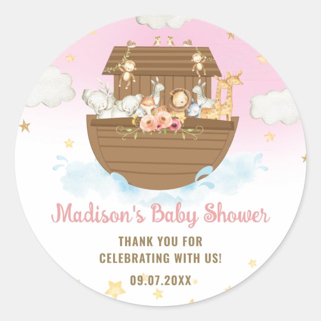 Noah's Ark Niedlicher Tiere Girl Baby Shower Gefal Runder Aufkleber (Vorderseite)
